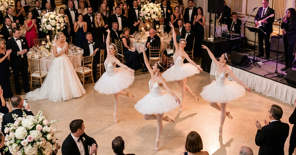 Four ballerinas in white tutus perform for wedding guests in a grand ballroom.